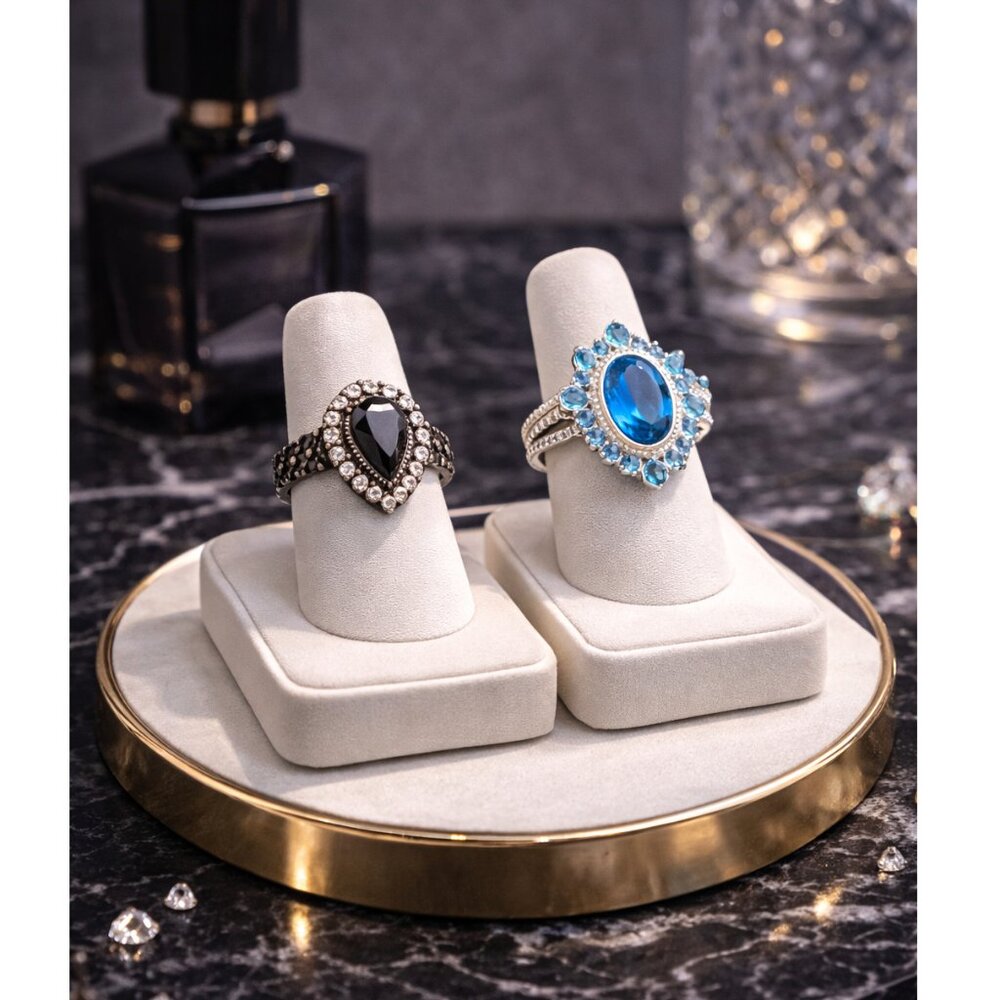 Black Onyx & Blue Rhinestone Rings